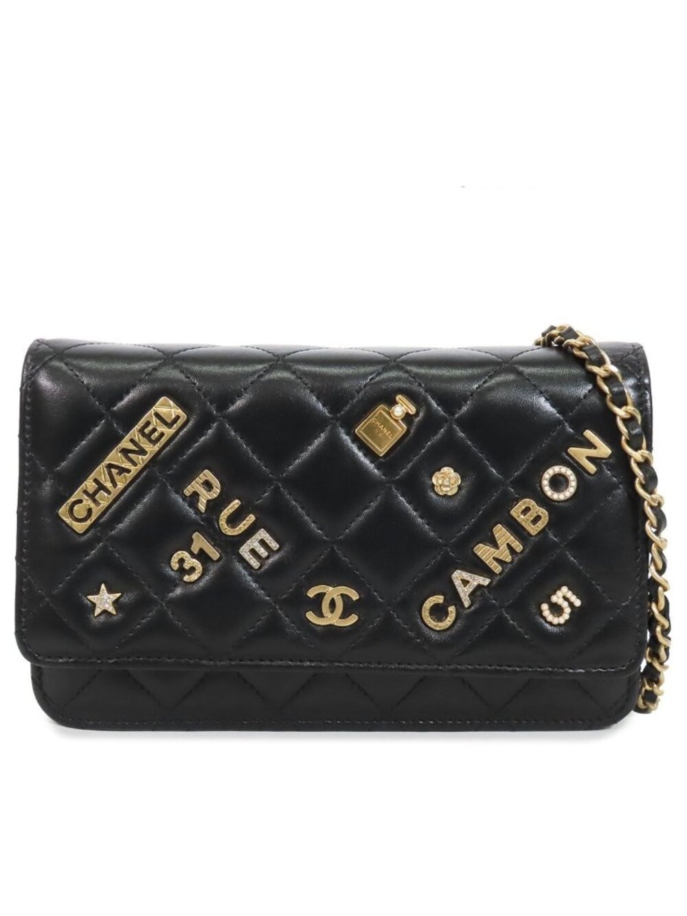 Chanel Chain Wallet Black Gold Lambskin Quilted No. 5 Icon Cambon Shoulder Bag